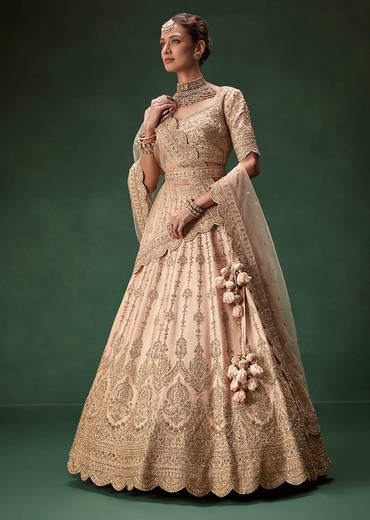 Peach Bridal Lehenga With Regal Embroidery And Single Dupatta Drape