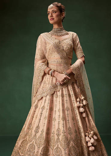 Peach Bridal Lehenga With Regal Embroidery And Single Dupatta Drape