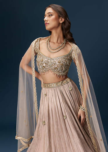 Peach Bridesmaid Lehenga With Embroidered Dupatta And Cap Sleeve Blouse