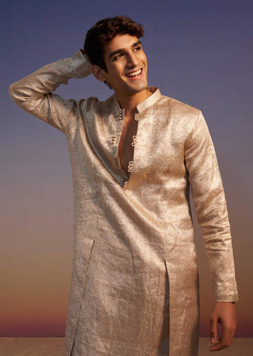 Peach Brocade Kurta Set With Self Work