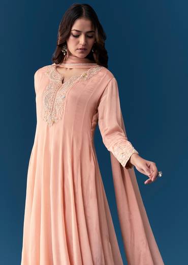 Peach Chinon Anarkali Suit With Dupatta And Moti Cut Dana Work Detail