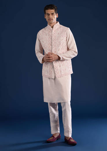 Peach Cotton Silk Jacket Kurta Set with Mirror Work