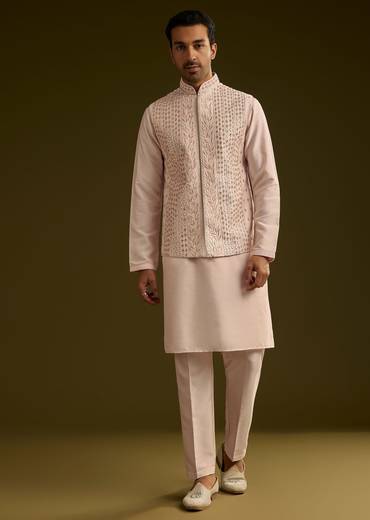 Peach Cotton Silk Kurta With Mirror Threadwork Jacket