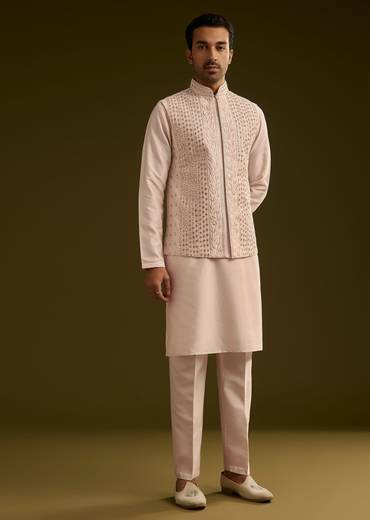 Peach Cotton Silk Kurta With Mirror Threadwork Jacket