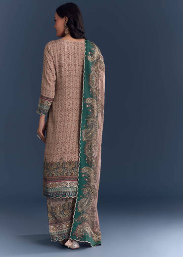 Peach Crepe Kurta Set Chic With Indie Print And Zari Work