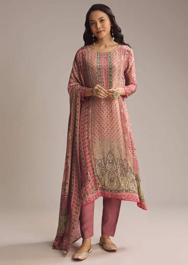 Peach Crepe Kurta Set With Floral Print