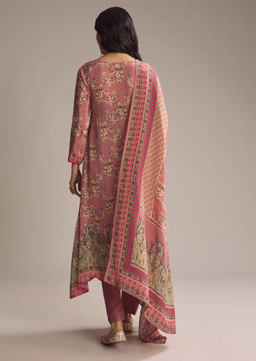 Peach Crepe Kurta Set With Floral Print