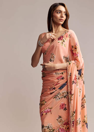 Peach Crepe Saree With Digital Print And Sequins Embroidery