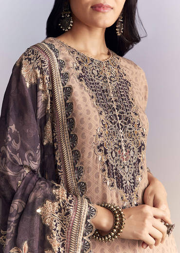 Peach Crepe Sharara Suit With Paisley Print And Zari Work