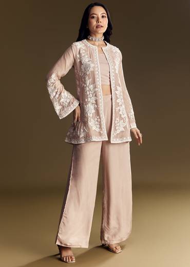 Peach Crop Top Set With Embroidered Organza Jacket