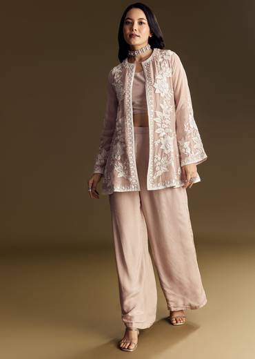 Peach Crop Top Set With Embroidered Organza Jacket