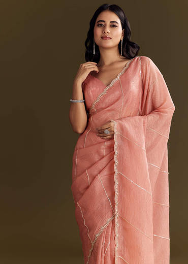 Peach Crush Tissue Saree With Cutdana And Beads Scallop Border
