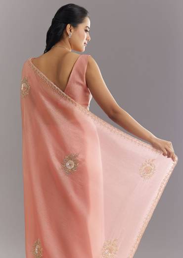 Peach Crushed Tissue Saree With Cutdana And Sequins Embroidery