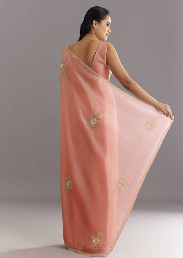 Peach Crushed Tissue Saree With Cutdana And Sequins Embroidery