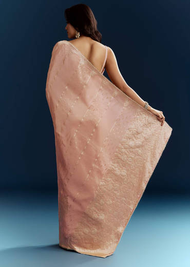 Peach Dola Silk Brocade Saree With Gota Patti And Moti Embroidery