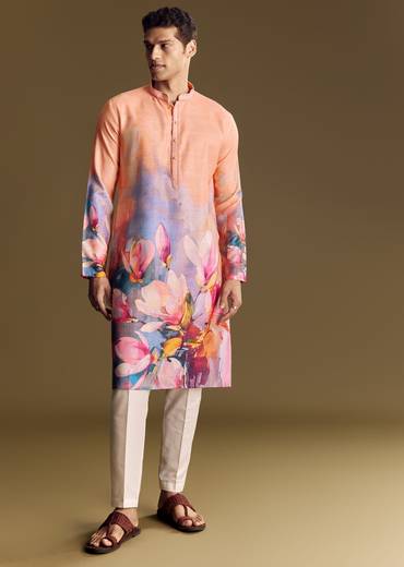 Peach Floral Printed Linen Kurta Set With Contemporary Styling