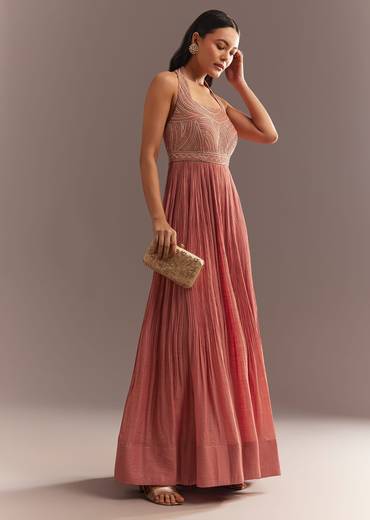 Peach French Tissue Jumpsui With Cutdana Work