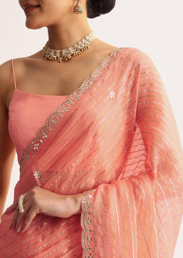 Peach Georgette Scallop Bordered Saree With Foil Printed Stripes