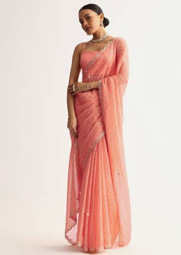 Peach Georgette Scallop Bordered Saree With Foil Printed Stripes