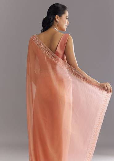 Peach Glass Tissue Saree With Cutdana Sequins Embroidery And Cutwork Scallop Border