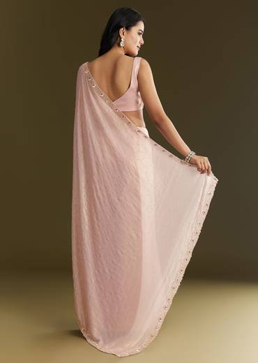 Peach Glass Tissue Saree With Moti Cutdana And Sequins Embroidery And Scallop Border