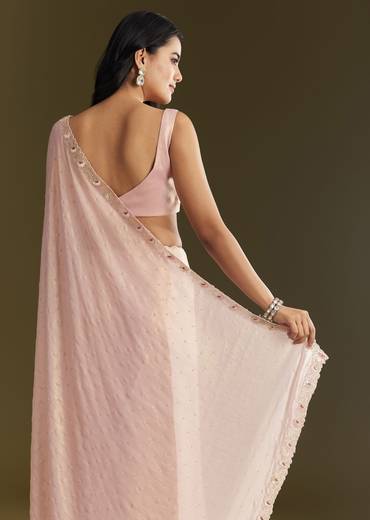 Peach Glass Tissue Saree With Moti Cutdana And Sequins Embroidery And Scallop Border
