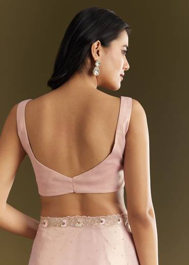 Peach Glass Tissue Saree With Moti Cutdana And Sequins Embroidery And Scallop Border