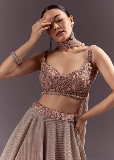 Peach Gold Embroidered Circular Lehenga Dupatta Set