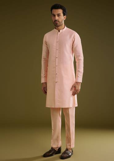 Peach Kurta Jacket Set In Cotton Silk With Embroidery Thread Work