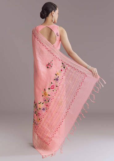 Peach Linen Handwoven Saree With Resham Embroidery