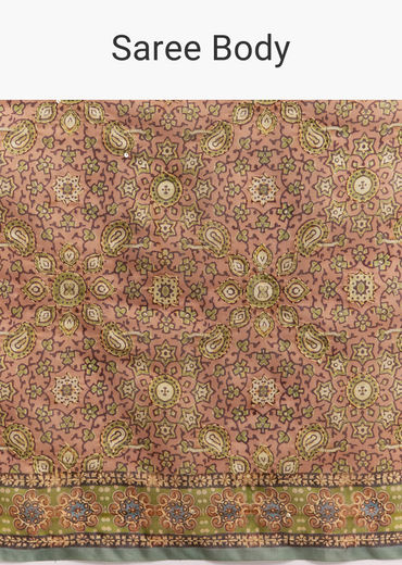 Peach Linen Printed Saree With Authentic Ajrakh Work