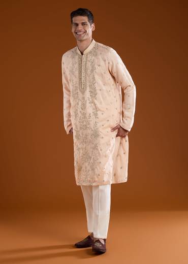 Peach Mens Rawsilk Kurta Pant Set