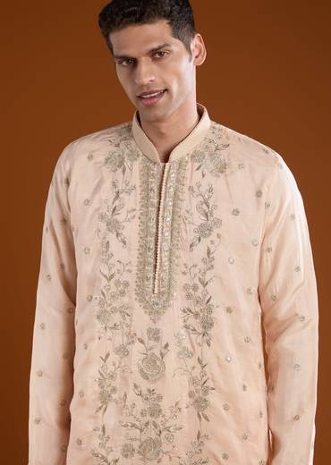 Peach Mens Rawsilk Kurta Pant Set