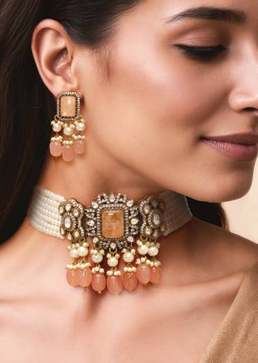 Peach Modern Polki Geometric Pendant Necklace and Earrings Set