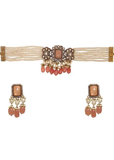 Peach Modern Polki Geometric Pendant Necklace and Earrings Set