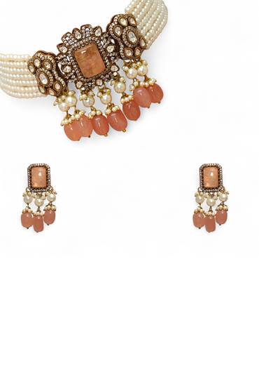 Peach Modern Polki Geometric Pendant Necklace and Earrings Set