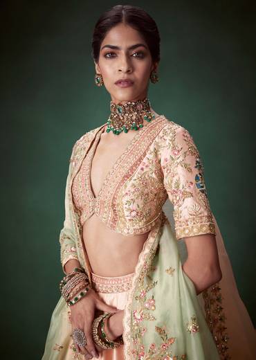 Peach Moti Embellished Bridal Lehenga Set