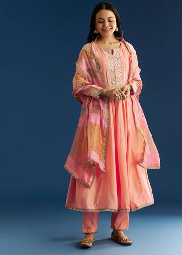 Peach Muslin Kurta Set With Gotta Lace Pant And Dupatta