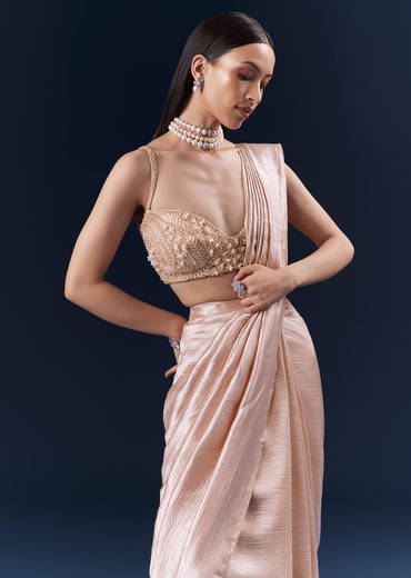 Peach Net Ready Pleated Saree With Embroidery