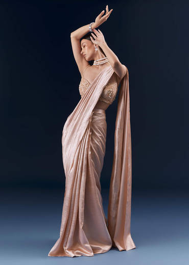 Peach Net Ready Pleated Saree With Embroidery