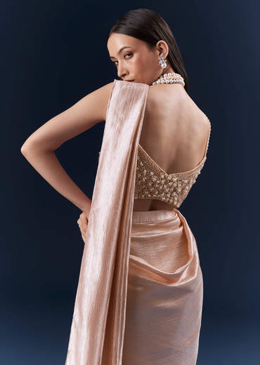 Peach Net Ready Pleated Saree With Embroidery