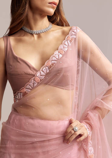 Peach Net Saree With Sequin Embroidery