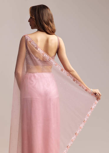 Peach Net Saree With Sequin Embroidery