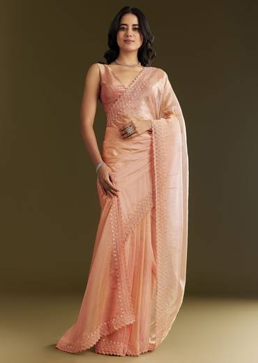 Peach Organza Saree With Stone Embellishment And Scallop Border