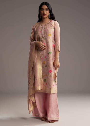 Peach Pink Banarasi Tissue Palazzo Suit
