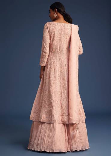Peach Pink Organza Kurta Set With Chinon Skirt