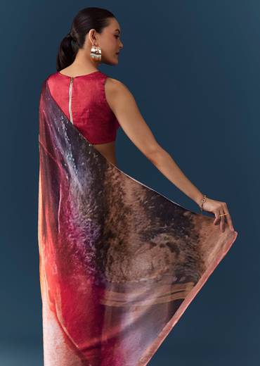 Peach Printed Saree with Blouse Fabric