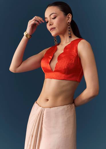 Peach Printed Satin Saree with Blouse Fabric