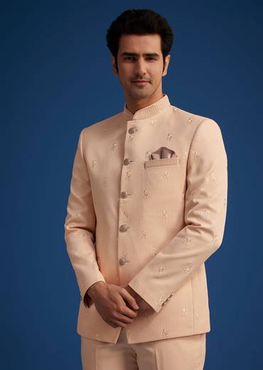 Peach Rayon Jodhpuri With Self Embroidery