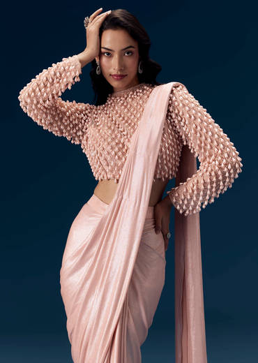 Peach Ready Pleated Saree with Blouse